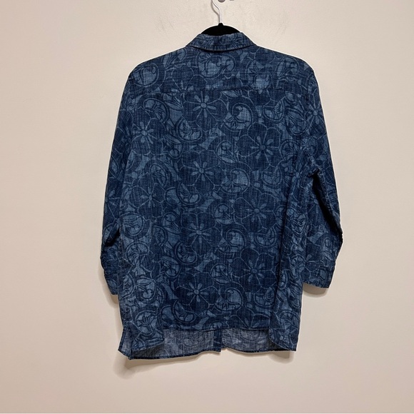 Lauren Ralph Lauren Women's 1X Blue Floral Button-Up Shirt 3/4 sleeve 100%Linen - Picture 3 of 11